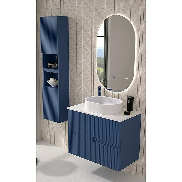 Duplach Mueble bajo de lavabo Mana - L x An x Al: 45 x 60 x 60 cm, Oceano - Interior de baño con mueble de lavabo azul, lavabo y espejo armario.