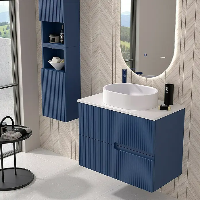 Duplach Mueble bajo de lavabo Mana - L x An x Al: 45 x 60 x 60 cm, Oceano - Conjunto de baño moderno en azul con tocador, armario de almacenamiento y espejo. Diseño elegante para un espacio de baño con estilo.