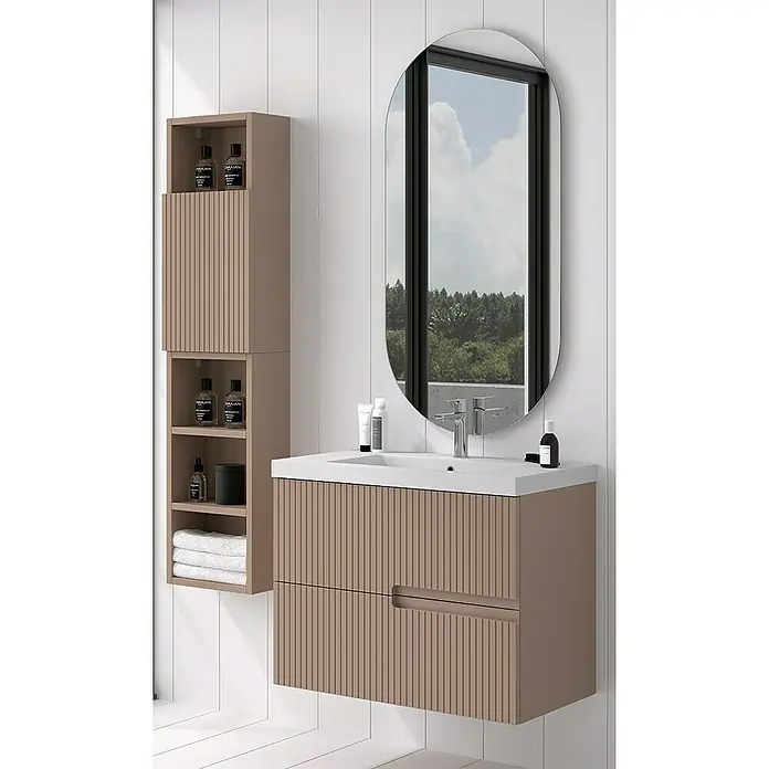 Duplach Mueble bajo de lavabo Mana - L x An x Al: 45 x 60 x 60 cm, Moka - Elegante conjunto de baño con mueble de lavabo de aspecto madera, espejo ovalado y armario alto a juego para un diseño de baño elegante.