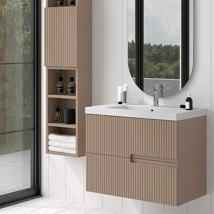 Duplach Mueble bajo de lavabo Mana - L x An x Al: 45 x 60 x 60 cm, Moka - Elegante lavabo de baño con mueble bajo y espejo a juego con un diseño moderno para un ambiente elegante.