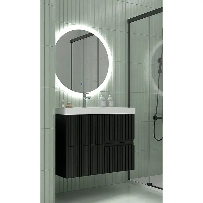 Duplach Mueble bajo de lavabo Mana - L x An x Al: 45 x 80 x 60 cm, Negro - Baño con un moderno tocador negro con frente estriado y un espejo redondo retroiluminado.