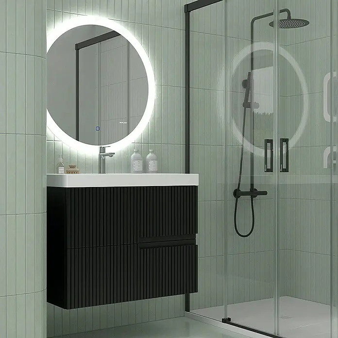 Duplach Mueble bajo de lavabo Mana - L x An x Al: 45 x 80 x 60 cm, Negro - Baño con mueble de lavabo negro y espejo iluminado. Diseño moderno con ducha y azulejos verdes.