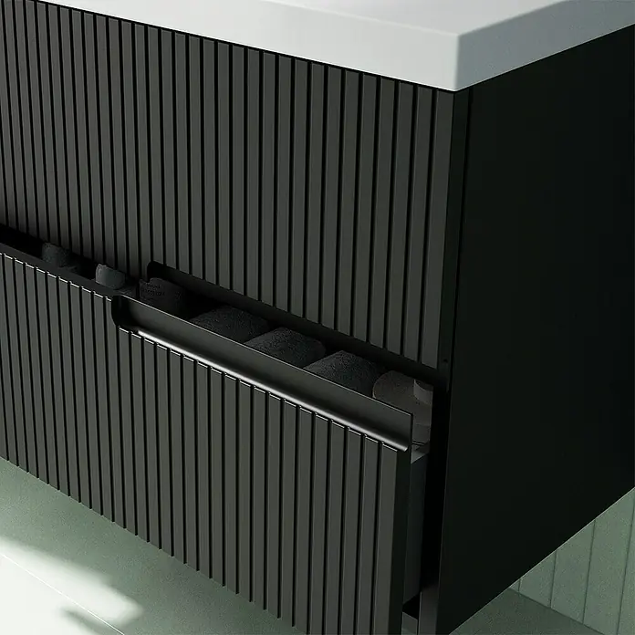 Duplach Mueble bajo de lavabo Mana - L x An x Al: 45 x 60 x 60 cm, Gris - Primer plano de un moderno mueble de baño con cajón acanalado y toallas grises.