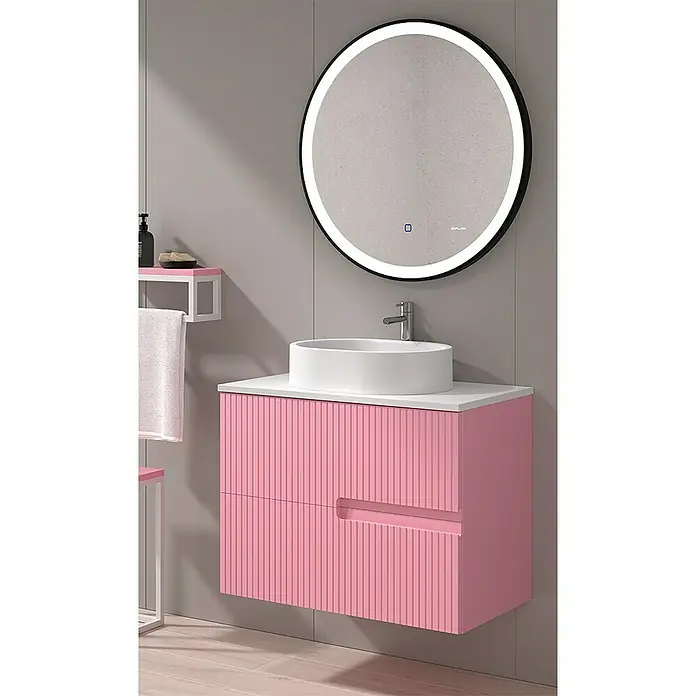 Duplach Mueble bajo de lavabo Mana - L x An x Al: 45 x 60 x 60 cm, Rosa - Tocador de baño rosa con espejo redondo y lavabo, un elemento de diseño elegante y moderno para cualquier baño.