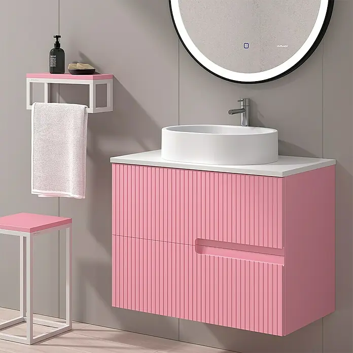Duplach Mueble bajo de lavabo Mana - L x An x Al: 45 x 60 x 60 cm, Rosa - Mueble de baño rosa con lavabo sobre encimera y toallero. Diseño moderno para el baño.