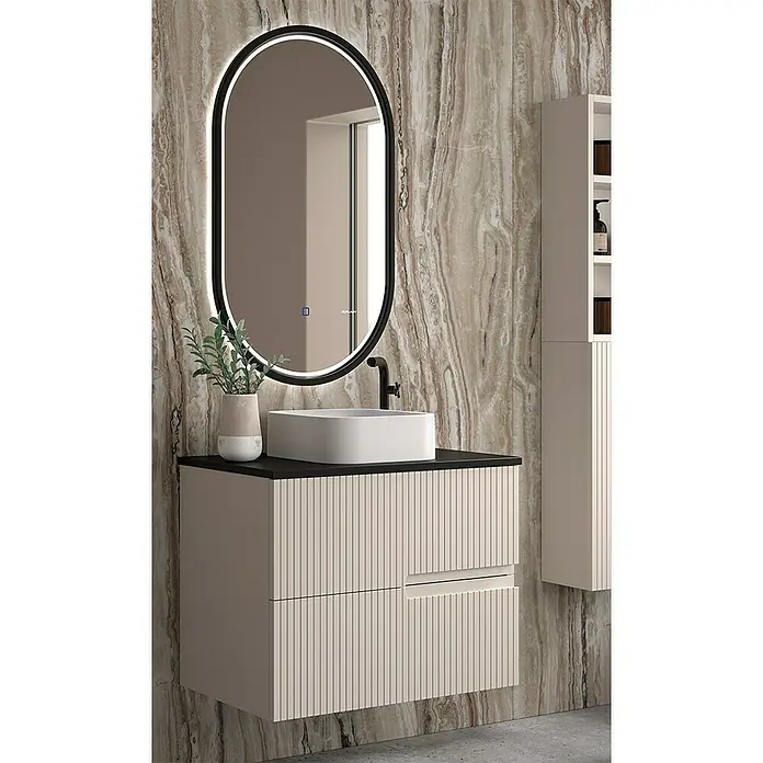 Duplach Mueble bajo de lavabo Mana - L x An x Al: 45 x 60 x 60 cm, Beige - Elegante conjunto de baño con mueble de lavabo moderno y un espejo ovalado con iluminación LED.