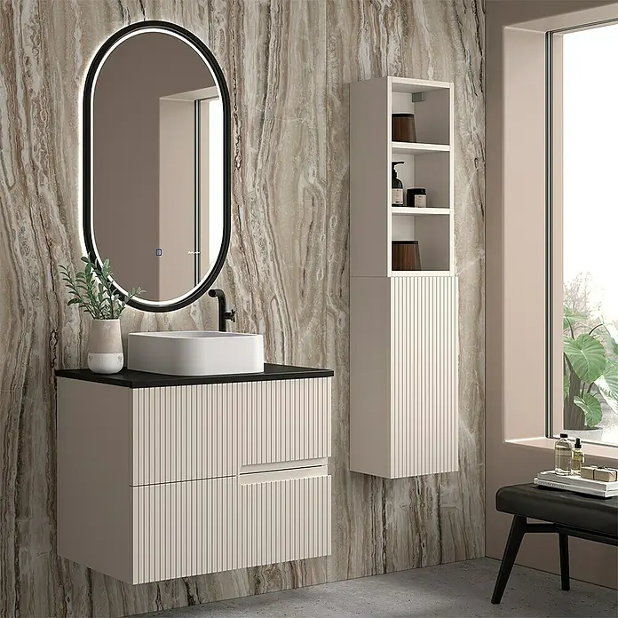 Duplach Mueble bajo de lavabo Mana - L x An x Al: 45 x 60 x 60 cm, Beige - Moderno conjunto de baño con mueble bajo lavabo, lavabo sobre encimera, armario con espejo y estante abierto para un ambiente elegante.
