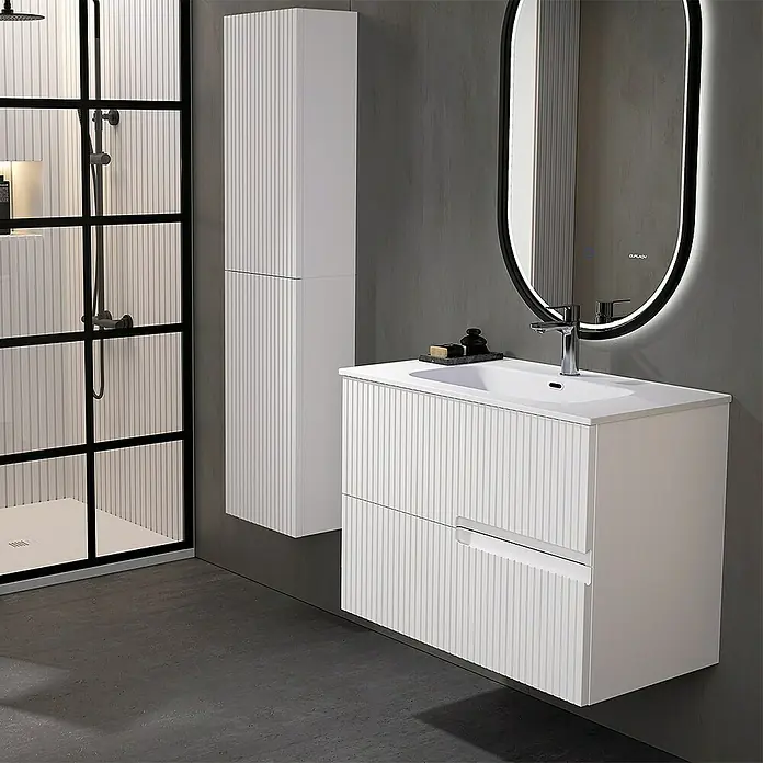 Duplach Mueble bajo de lavabo Mana - L x An x Al: 45 x 80 x 60 cm, Blanco - Elegante baño con mueble de lavabo blanco, armario lateral alto y espejo moderno con iluminación integrada para acentos elegantes.