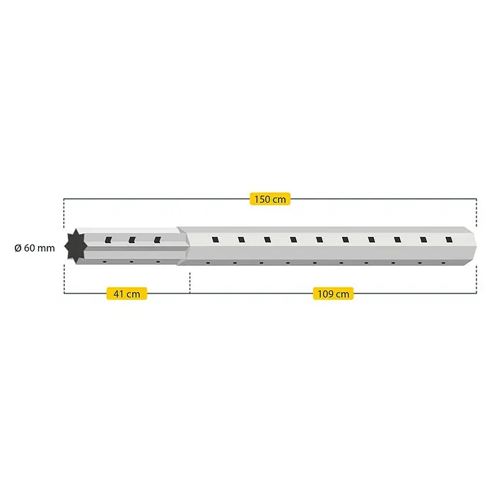 Schellenberg Teleskop-Achtkantwelle - 60 mm x 1,5 m - Illustration eines 150 cm langen Pfostens mit einem Durchmesser von 60 mm, bestehend aus einem 41 cm und einem 109 cm langen Teil.