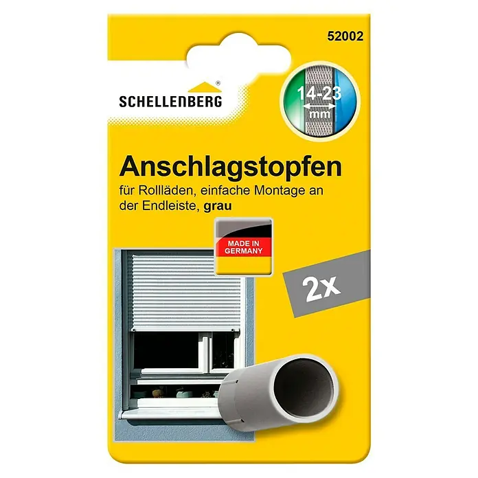 Schellenberg Anschlagstopfen - Grau, 2 Stk. - Bild einer gelben Verpackung mit Schellenberg Anschlagstopfen für Rollläden, mit Größenangabe, Made in Germany Logo und der Aufschrift 2x.