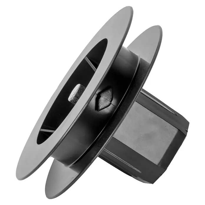 Schellenberg Gurtscheibe Mini - Durchmesser: 100 mm, Durchmesser Achtkantwelle: 40 mm - Detailaufnahme eines schwarzen Ablaufstopfens mit zwei Scheiben und einem kleinen Stift. Ideal für Waschbecken oder Badewannen.