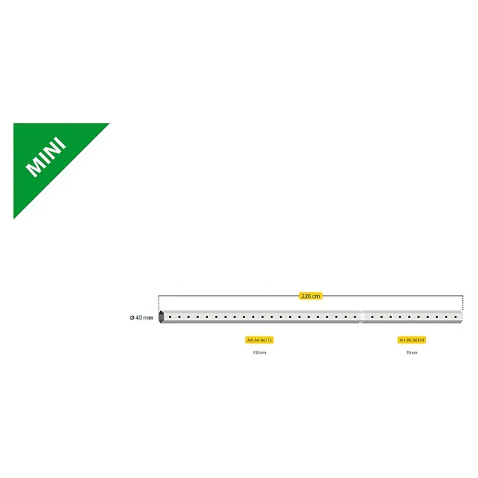Schellenberg Achtkantwelle Mini - 40 mm x 1,5 m, Geeignet für: Rollladen-Mini-Systeme - Abbildung eines Mini-Befestigungsstabs mit Abmessungen und Artikelnummern, ideal für kleine Projekte.