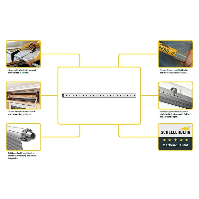 Schellenberg Achtkantwelle Mini - 40 mm x 1,5 m, Geeignet für: Rollladen-Mini-Systeme - Darstellung des Schellenberg Achtkant-Profils, das sich durch individuelle Anpassbarkeit und hohe Markenqualität auszeichnet.