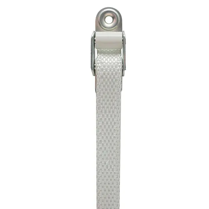 Schellenberg Gurtführung mit Doppelleiterrolle Standard Mini - Gurtbreite: 14 mm, Geeignet für: Rollladen-Mini-Systeme, Weiß - Detailansicht eines weißen Spanngurts mit Metallschnalle. Ideal für sichere Ladungssicherung beim Transport.