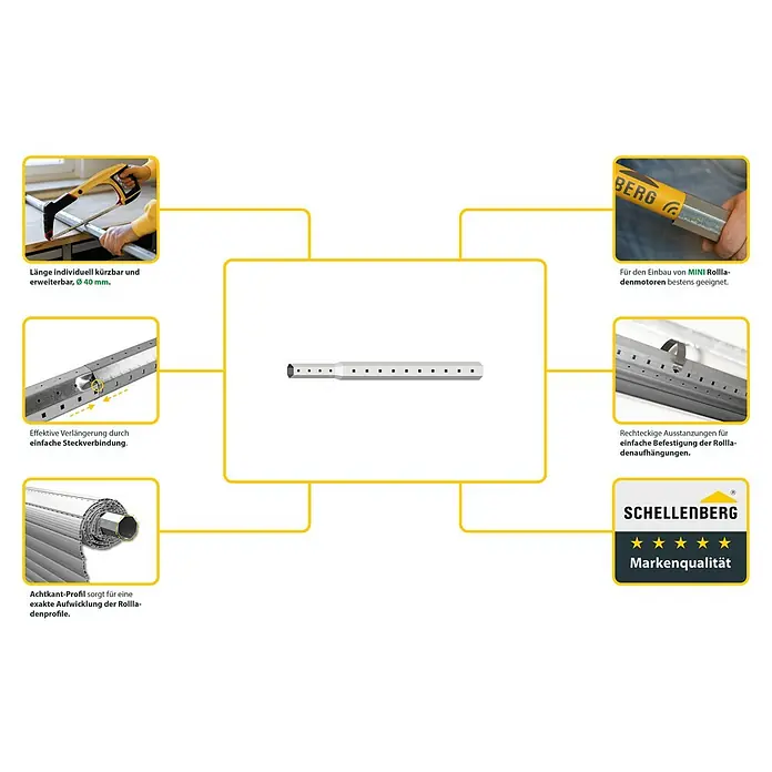 Schellenberg Teleskop-Achtkantwelle Mini - Geeignet für: Rollladen-Mini-Systeme - Das Bild zeigt ein Achtkant-Profil, welches individuell kürzbar und erweiterbar ist. Es ist ideal für den Einbau von MINI Rollladenmotoren.