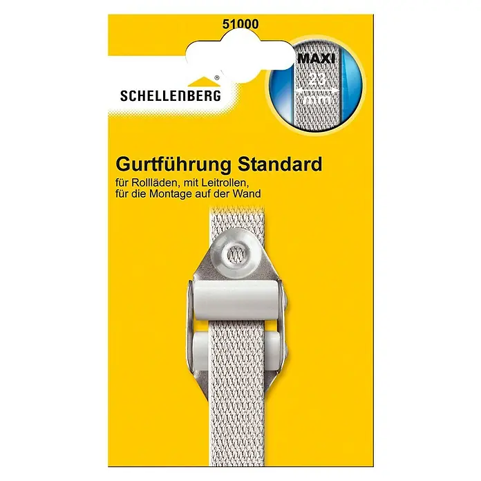 Schellenberg Gurtführung mit Doppelleiterrolle Standard Maxi - Gurtbreite: 18 mm - 23 mm, Geeignet für: Rollladen-Maxi-Systeme, Weiß - Produktabbildung einer Schellenberg Gurtführung Standard für Rollläden mit Leitrollen, zur Montage an der Wand, im gelben Karton.
