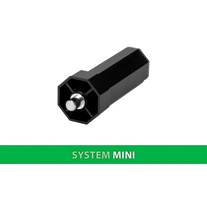 Schellenberg Walzenhülse Mini - Durchmesser Achtkantwelle: 40 mm, Länge: 104 mm, Geeignet für: Rollladen-Mini-Systeme - Nahaufnahme eines schwarzen System Mini Möbelfußes mit einer silbernen Stellschraube auf einem Tisch mit weißer Reflexion.