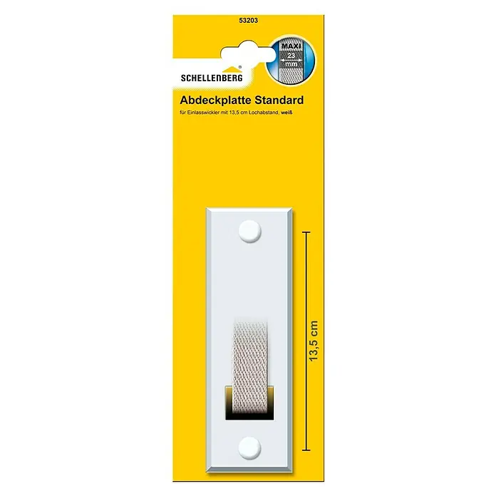 Schellenberg Abdeckplatte Standard - Weiß, Lochabstand: 135 mm, Gurtbreite: 23 mm - Das Bild zeigt eine Schellenberg Abdeckplatte Standard für Einlasswickler mit 13,5 cm Lochabstand, weiß verpackt auf gelbem Hintergrund.