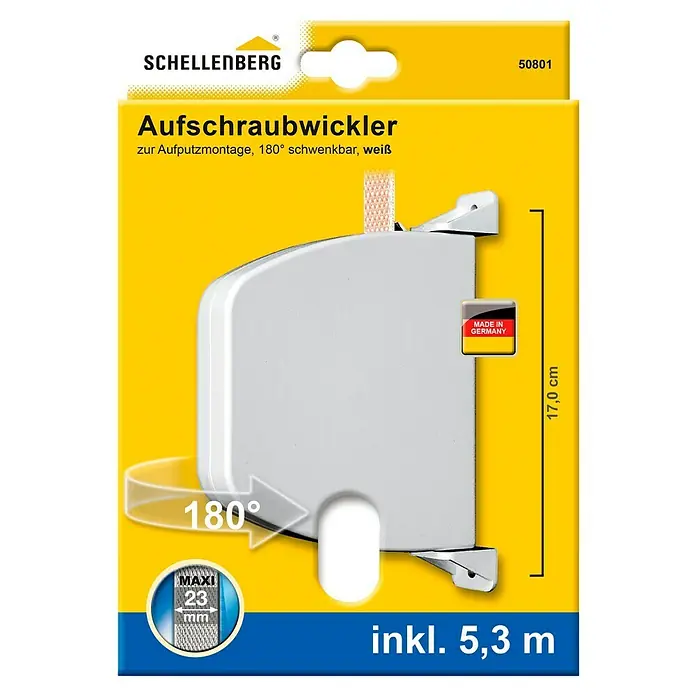 Schellenberg Aufschraubwickler Maxi - L x B x H: 156 x 34 x 188 mm, Gurtbreite: 23 mm, Weiß - Abbildung eines Schellenberg Aufschraubwicklers zur Aufputzmontage, 180° schwenkbar, weiß, mit 5,3 m Bandlänge und den Maßen 17,0 cm x 23 mm.