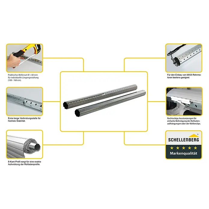 Schellenberg Achtkantwellen-Set Maxi - Auszugslänge: 160 cm, Geeignet für: Rollladen-Maxi-Systeme - Abbildung eines Schellenberg Wellensets, ideal zur individuellen Längenanpassung und für MAXI Rohrmotoren, mit rechteckigen Ausstanzungen.