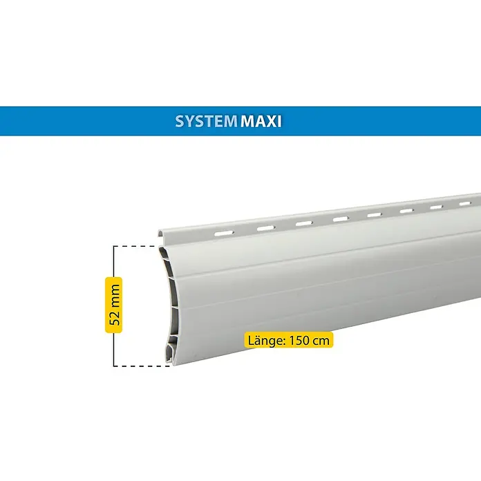 Schellenberg Rollladenprofil Maxi - L x H: 150 x 5,2 cm, Geeignet für: Rollladen-Maxi-Systeme, Grau - Nahaufnahme eines Rollladenprofils System MAXI mit Maßangaben: 52 mm Höhe und 150 cm Länge. Ideal für Fenster und Türen.
