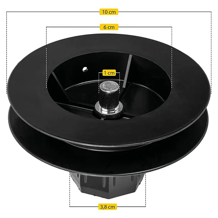 Schellenberg Gurtscheibe Mini - Durchmesser: 100 mm, Durchmesser Achtkantwelle: 40 mm - Abbildung eines schwarzen, runden, flachen Abtropfgestells mit Abmessungen zur Verdeutlichung der Produktgröße.