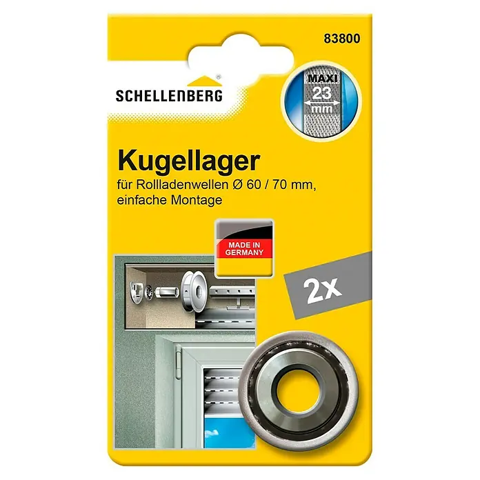 Schellenberg Kugellager Maxi - Durchmesser: 40 mm, Durchmesser Achtkantwelle: 60 mm - 70 mm - Produktverpackung von Schellenberg Kugellager für Rollladenwellen Ø 60/70 mm, 2 Stück.