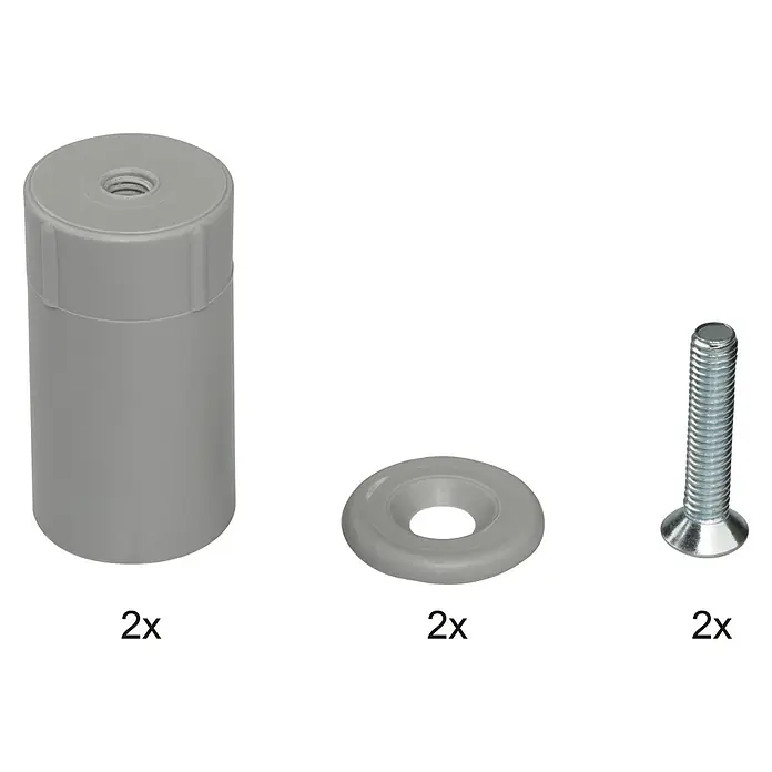 Schellenberg Anschlagstopfen - Grau, 2 Stk. - Produktabbildung eines Türstoppersets mit Befestigungsmaterial, bestehend aus Dübel, Unterlegscheibe und Schraube, jeweils in doppelter Ausführung.