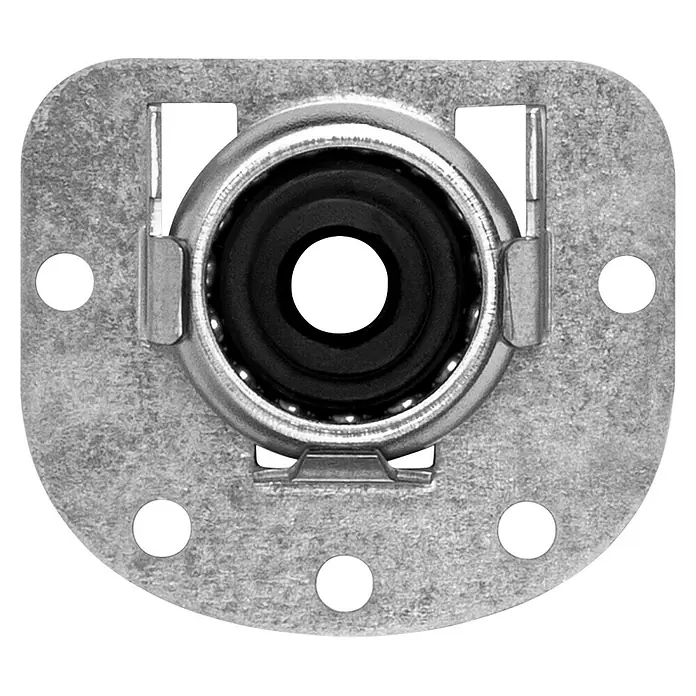 Schellenberg Wandlager Mini - 80 x 60 x 18 mm, Durchmesser Achtkantwelle: 40 mm - Nahaufnahme eines metallischen Lagergehäuses mit einem schwarzen Gummieinsatz, umgeben von Kugellagern, montiert auf einer quadratischen Platte.