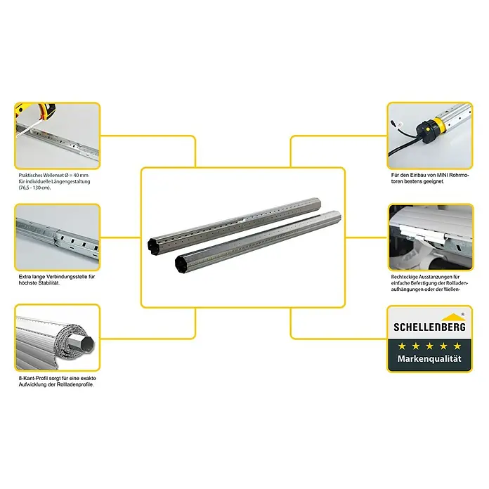 Schellenberg Achtkantwellen-Set Mini - Auszugslänge: 130 cm, Geeignet für: Rollladen-Mini-Systeme - Bild einer Rollladenwelle mit 8-Kant-Profil, ideal für exakte Aufwicklung und individuelle Längengestaltung von 76,5 bis 130 cm.