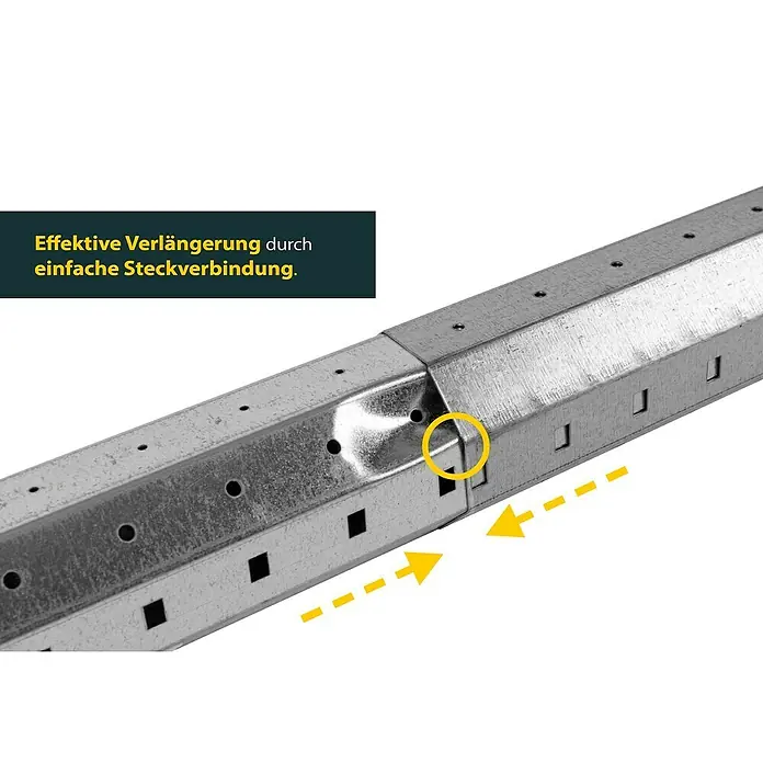 Schellenberg Teleskop-Achtkantwelle Mini - Geeignet für: Rollladen-Mini-Systeme - Detailaufnahme einer Metallstange mit Steckverbindung, die eine effektive Verlängerung ermöglicht. Ideal für verschiedene Konstruktionsanwendungen.