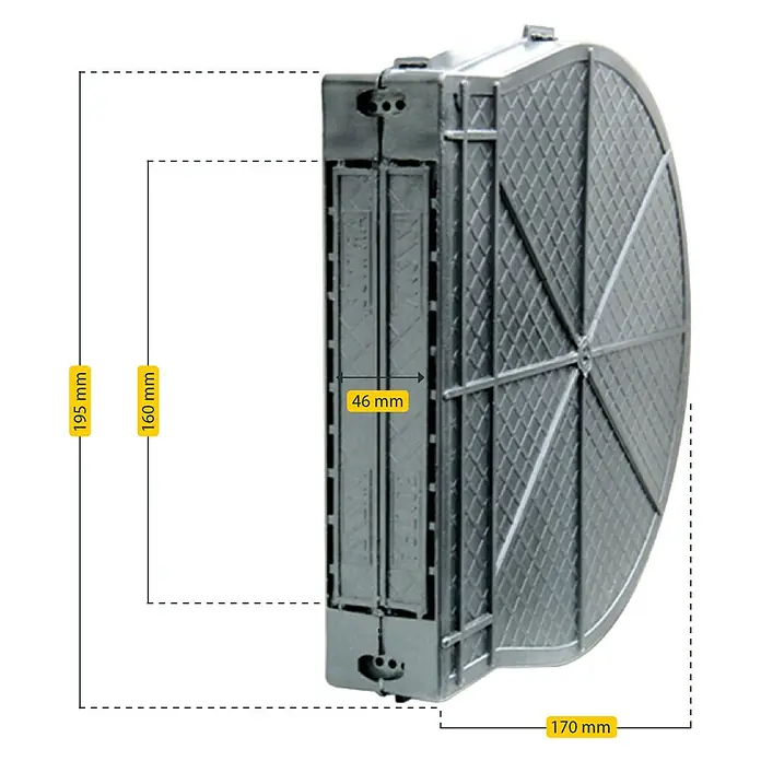 Schellenberg Halbeinlasswickler Maxi - Lochabstand: 160 mm, Gurtbreite: 23 mm - Abbildung einer grauen Wassertankhalterung mit den Maßen 195 mm Höhe, 46 mm Breite und 170 mm Tiefe.