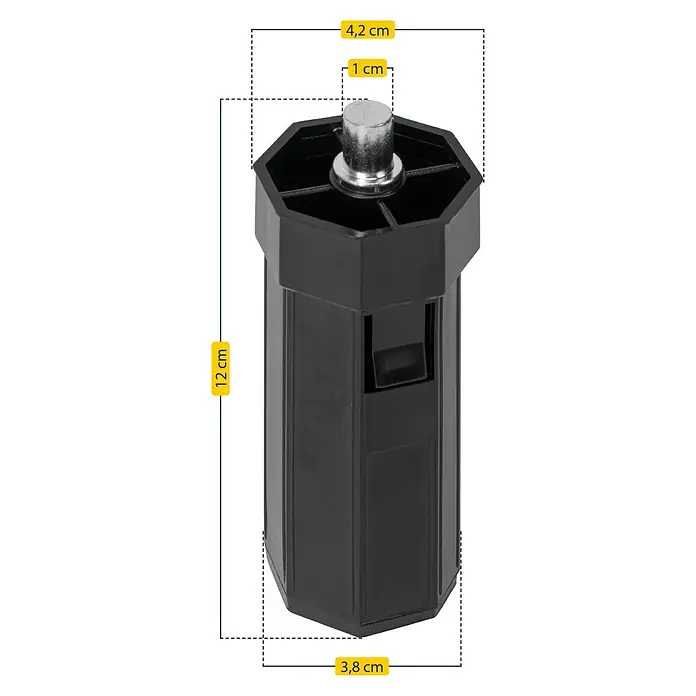 Schellenberg Walzenhülse Mini - Durchmesser Achtkantwelle: 40 mm, Länge: 104 mm, Geeignet für: Rollladen-Mini-Systeme - Eine Nahaufnahme eines schwarzen, achteckigen Möbelfußes mit sichtbaren Maßen.