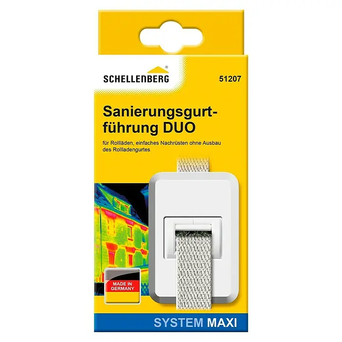 Schellenberg Gurtführung DUO Maxi - 20 x 60 x 85 mm, Geeignet für: Rollladen-Maxi-Systeme, Weiß - Verpackung des Schellenberg Sanierungsgurtführung DUO, eine Gurtführung zur einfachen Nachrüstung von Rollläden ohne Ausbau des Rollladengurtes.