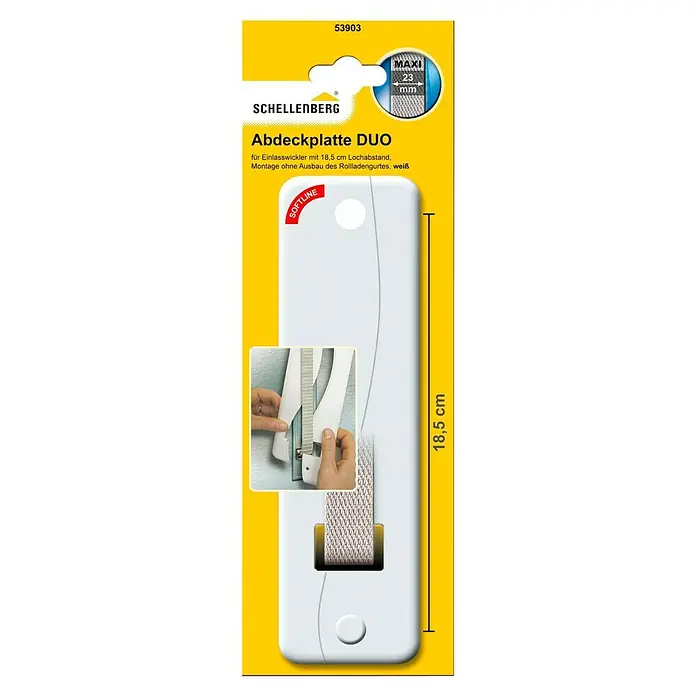 Schellenberg Abdeckplatte Duo - 234 x 64 x 9 mm, Lochabstand: 185 mm, Weiß - Produktverpackung für Schellenberg Abdeckplatte DUO, geeignet für Einlasswickler mit 18,5 cm Lochabstand, einfache Montage ohne Ausbau des Rollladengurtes.