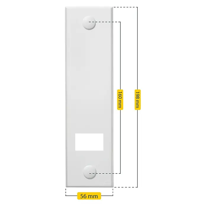 Schellenberg Abdeckplatte Standard - Weiß, Lochabstand: 160 mm, Gurtbreite: 23 mm - Abbildung einer weißen Wandhalterung mit Maßangaben für die Montage, einschließlich einer Breite von 56 mm und Abständen von 160 mm und 198 mm.