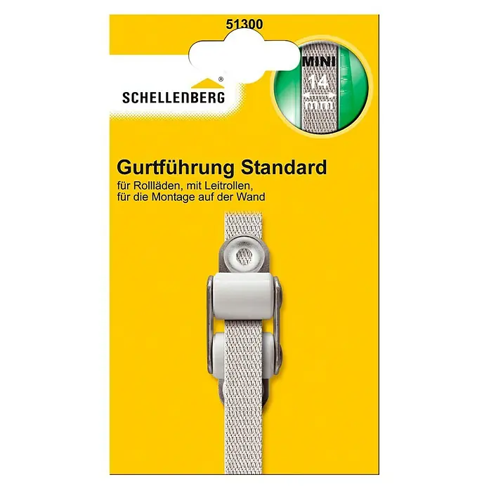 Schellenberg Gurtführung mit Doppelleiterrolle Standard Mini - Gurtbreite: 14 mm, Geeignet für: Rollladen-Mini-Systeme, Weiß - Produktverpackung: Schellenberg Gurtführung Standard für Rollläden mit Leitrollen zur Wandmontage, Mini 14mm, präsentiert auf gelbem Hintergrund.