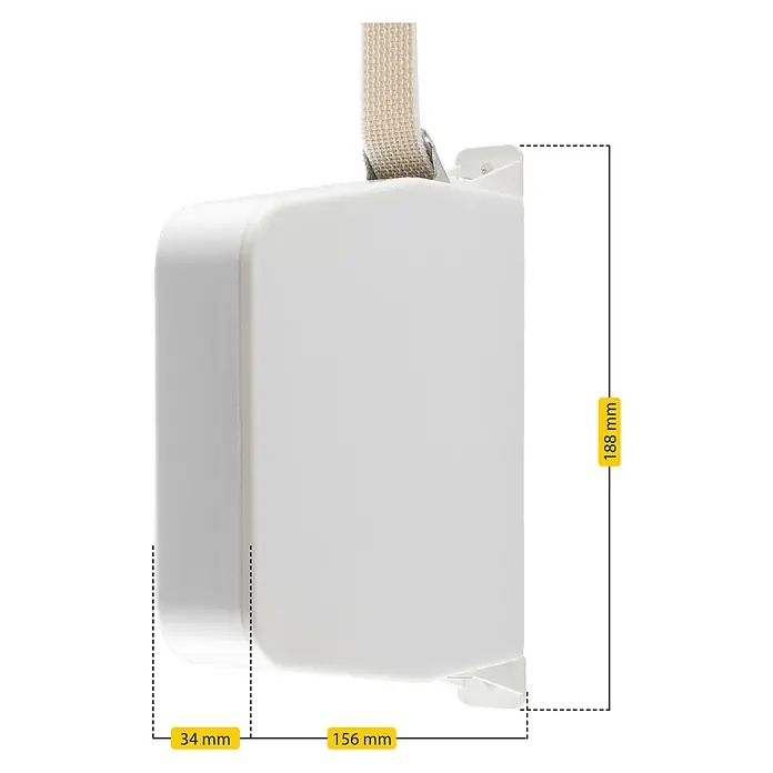 Schellenberg Aufschraubwickler Maxi - L x B x H: 156 x 34 x 188 mm, Gurtbreite: 23 mm, Weiß - Produktansicht mit Maßangaben: Die weiße Aufrollautomatik für Jalousien hat eine Höhe von 188 mm, eine Breite von 156 mm und eine Tiefe von 34 mm.