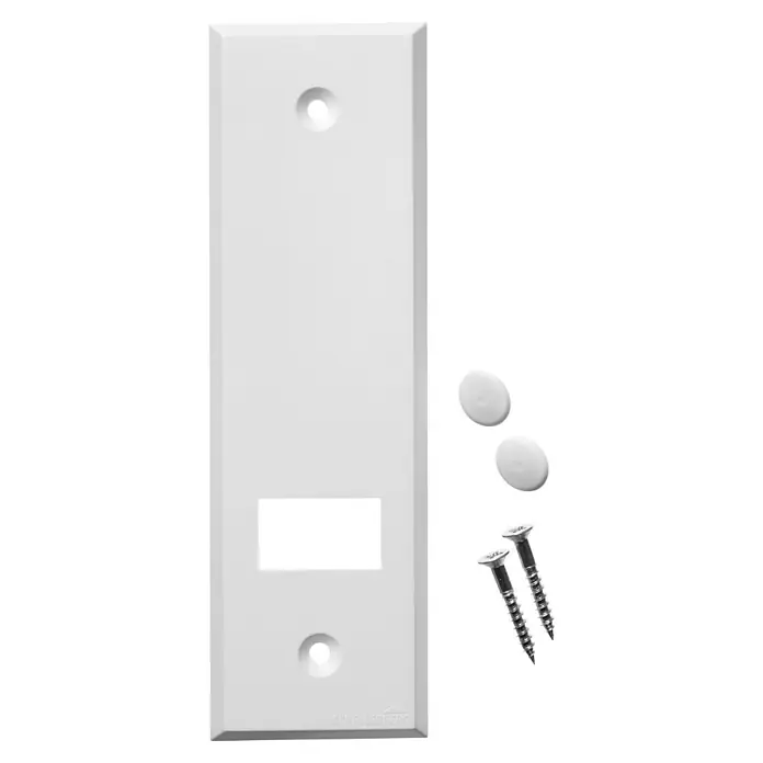 Schellenberg Abdeckplatte Standard - Weiß, Lochabstand: 135 mm, Gurtbreite: 23 mm - Ein weißes Gehäuse mit Schrauben und Abdeckungen. Es ist ein einfaches und sauberes Design, ideal für die Installation.