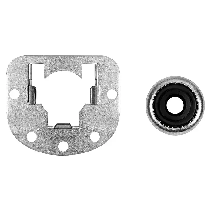 Schellenberg Wandlager Mini - 80 x 60 x 18 mm, Durchmesser Achtkantwelle: 40 mm - Die Abbildung zeigt ein metallisches Sicherungselement, bestehend aus einem viereckigen Rahmen und einer runden Buchse, die für industrielle Anwendungen geeignet sind.