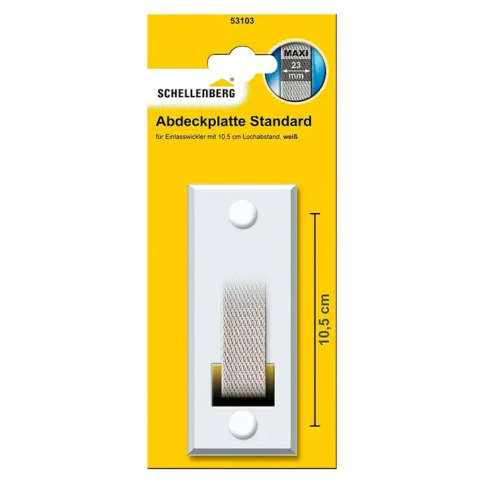 Schellenberg Abdeckplatte Standard - Weiß, Lochabstand: 105 mm, Gurtbreite: 23 mm - Abdeckplatte Standard von Schellenberg, geeignet für Einlasswickler mit 10,5 cm Lochabstand, in Weiß, mit den Maßen 10,5 cm Höhe und 23 mm Breite.