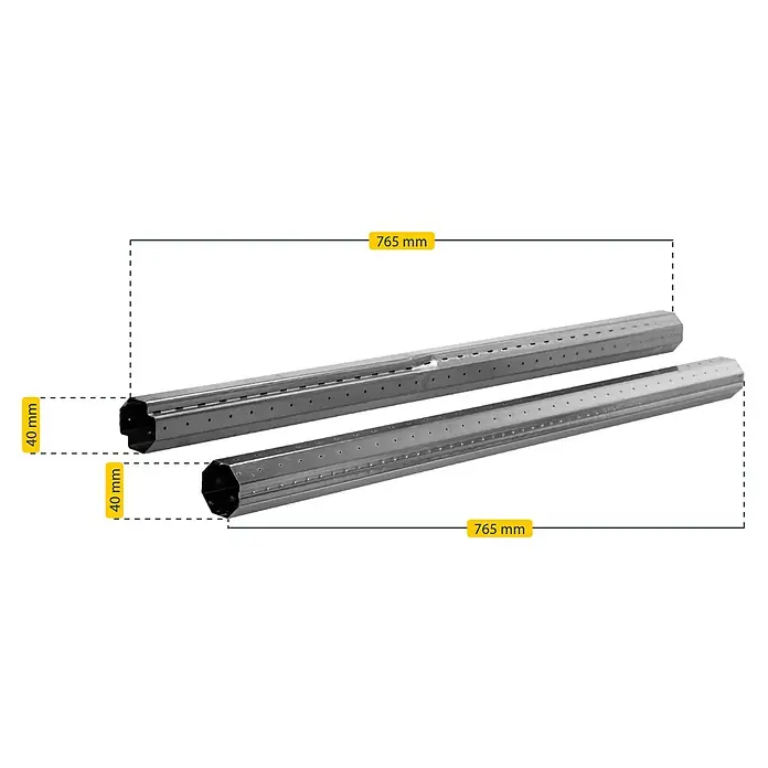 Schellenberg Achtkantwellen-Set Mini - Auszugslänge: 130 cm, Geeignet für: Rollladen-Mini-Systeme - Zwei achteckige Metallstangen sind zu sehen, die mit Löchern versehen sind und deren Abmessungen mit gelben Markierungen versehen sind.