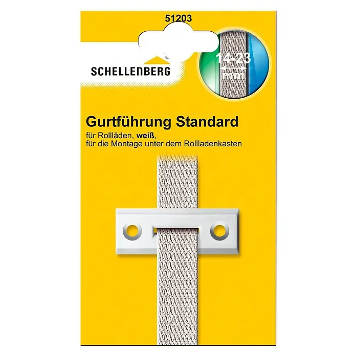Schellenberg Gurtführung Standard Mini & Maxi - 7 x 65 x 17 mm, Geeignet für: Rollladen-Maxi/Mini-Systeme, Weiß - Produktverpackung einer Schellenberg Gurtführung Standard für Rollläden, weiße Ausführung, zur Montage unter dem Rollladenkasten.