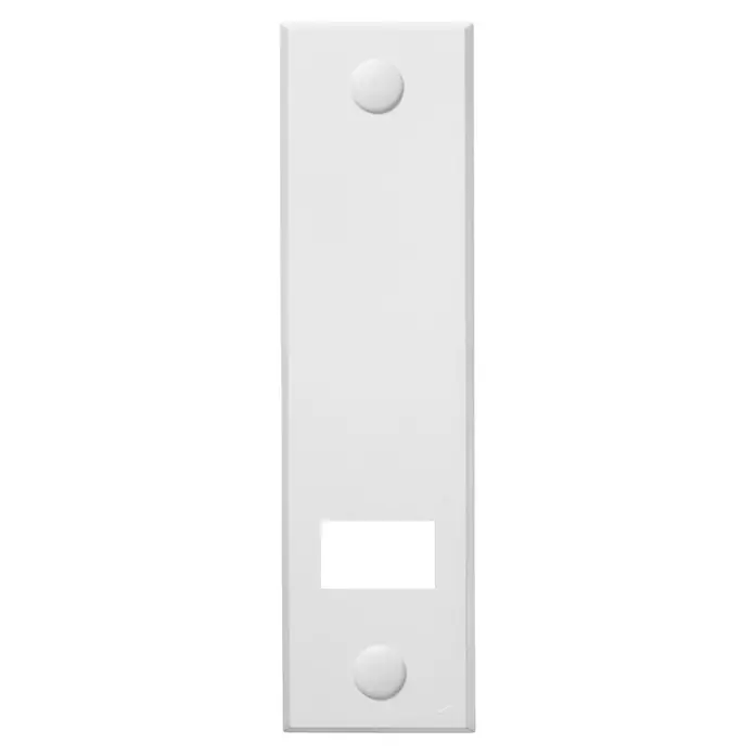 Schellenberg Abdeckplatte Standard - Weiß, Lochabstand: 160 mm, Gurtbreite: 23 mm - Nahaufnahme eines weißen Medaillon-Schranks mit zwei runden Akzenten. Minimalistisches Design für moderne Innenräume.