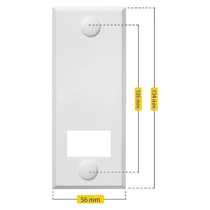 Schellenberg Abdeckplatte Standard - Weiß, Lochabstand: 105 mm, Gurtbreite: 23 mm - Weiße rechteckige Wandplatte mit abgerundeten Ecken, zwei Knöpfen und einer rechteckigen Aussparung.