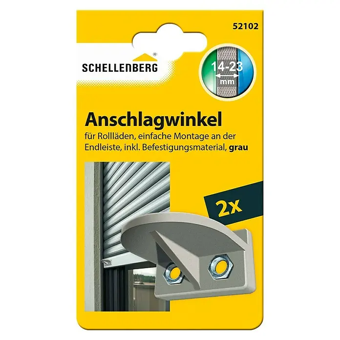 Schellenberg Anschlagwinkel - 38 x 31 x 15 mm, Grau, 2 Stk. - Verpackung der Schellenberg Anschlagwinkel für Rollläden, einfache Montage an der Endleiste, inkl. Befestigungsmaterial, grau, 2 Stück.