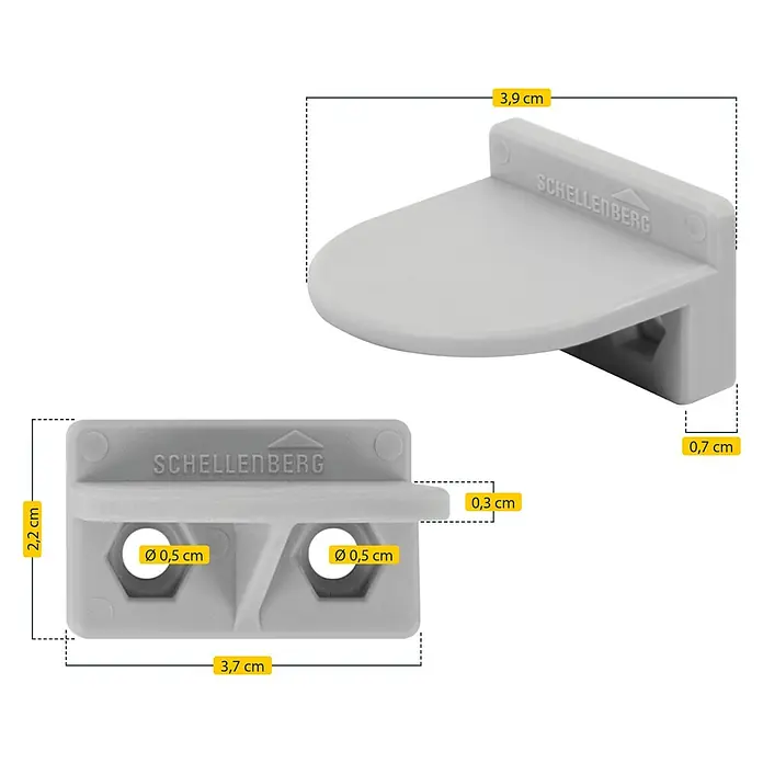 Schellenberg Anschlagwinkel - 38 x 31 x 15 mm, Grau, 2 Stk. - Abbildung eines Schellenberg Rollladen-Gurtführungsclips mit Maßangaben für Montage und Design.