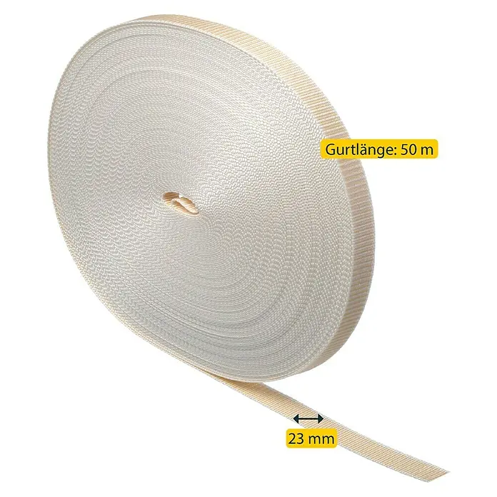 Schellenberg Rollladengurt - Beige, Länge: 50 m, Gurtbreite: 23 mm - Rolle mit 50 m langem und 23 mm breitem Gurtband in Naturweiß. Ideal für vielfältige Anwendungen im Handwerk und DIY-Bereich.