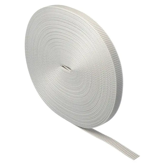 Schellenberg Rollladengurt - Grau, Länge: 50 m, Gurtbreite: 23 mm - Eine Nahaufnahme einer weißen Rolle Gurtband, perfekt für verschiedene Bastel- und Outdoor-Ausrüstungsprojekte.