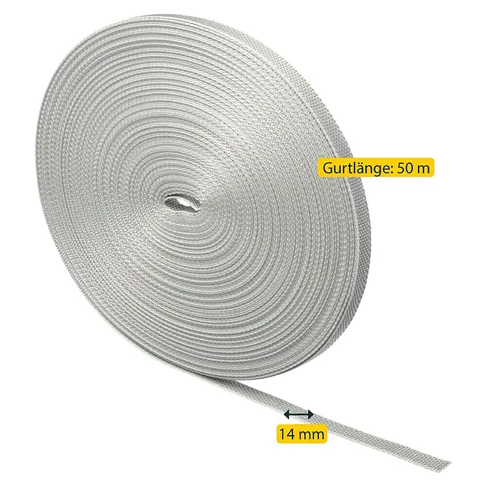 Schellenberg Rollladengurt - Grau, Länge: 50 m, Gurtbreite: 14 mm - Produktbild eines weißen Gurtbandes auf einer Rolle. Bandlänge 50 m und Breite 14 mm.